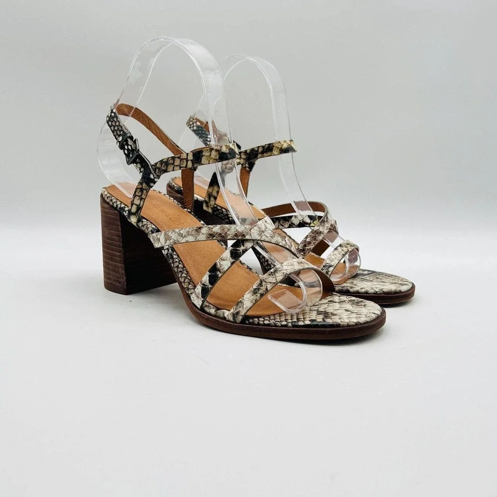 Madewell Womens 7.5 Gray Leather Snake Print Block Heel Strappy Shoes EUC - Picture 2 of 12